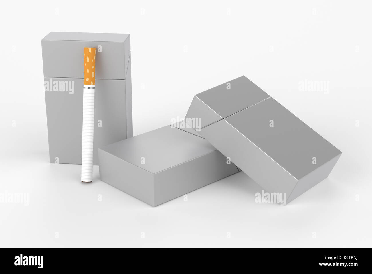3D Render composición de tres cajas de cigarrillos king size o paquetes de cigarrillos con sobre un fondo blanco con sombra. Plantilla para su diseño. Foto de stock