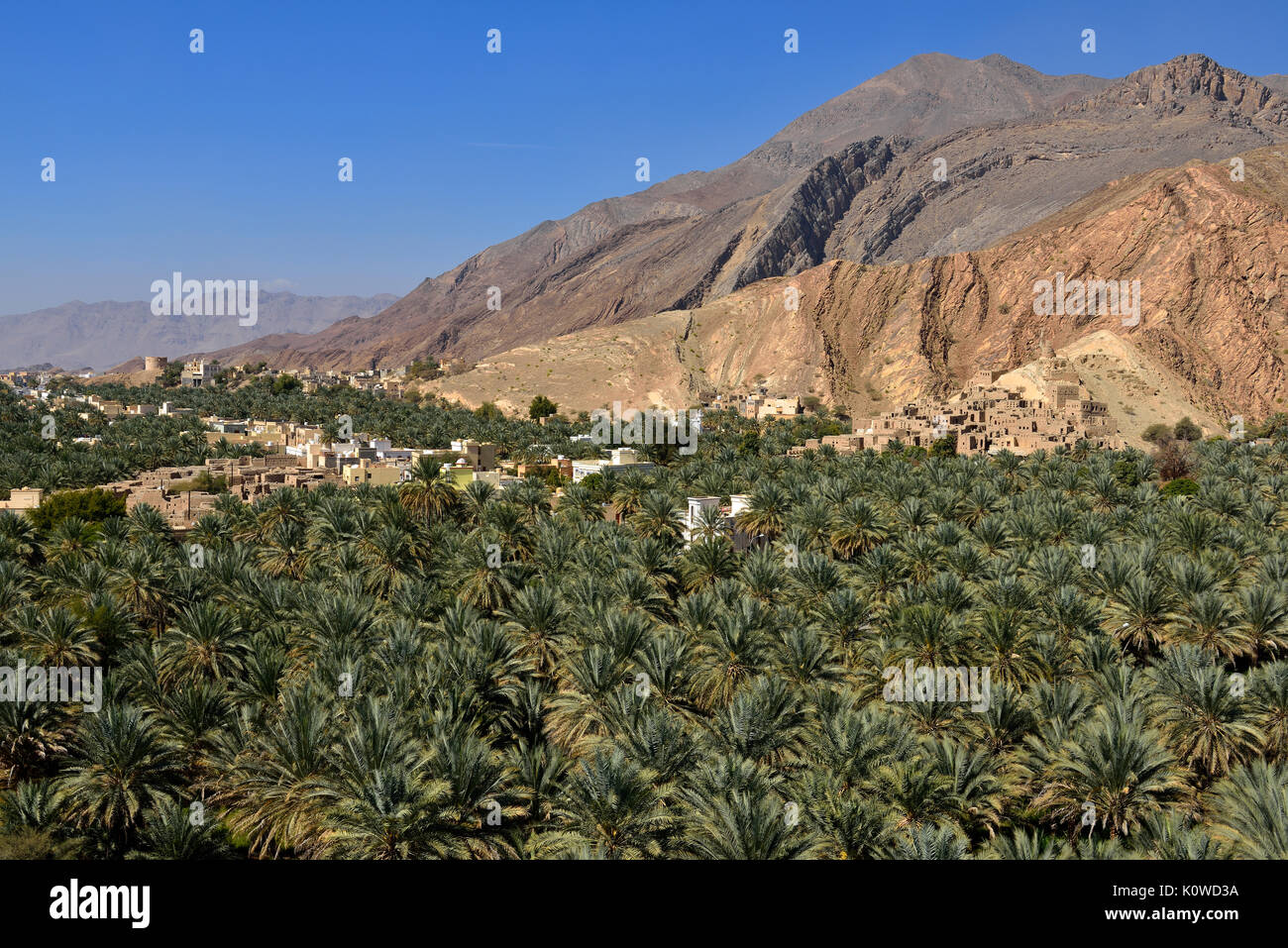 Birkat al Mawz oasis, Hayar al Gharbi montañas, Dakhiliyah, Omán Foto de stock