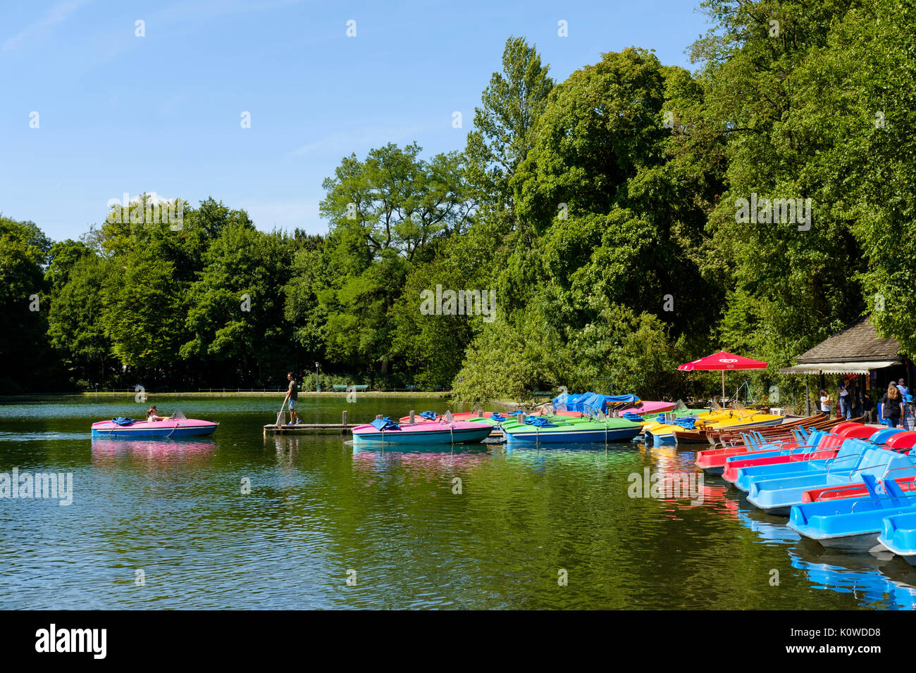 Alquiler de barcos, Kleinhesseloher Véase, el Jardín Inglés, la Alta Baviera, Munich, Baviera, Alemania Foto de stock