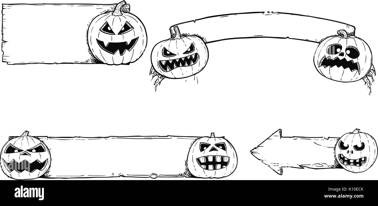 Conjunto de otoño halloween marcos y signos vacíos con dibujo a mano alzada, miedo y divertido dibujos animados ilustraciones de calabaza. Ilustración del Vector