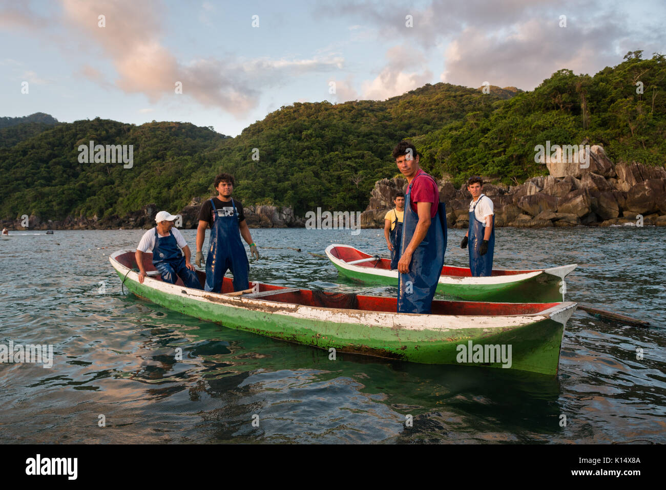 Caiçara tradicional pescadores sacando sus redes off SE Brasil Foto de stock