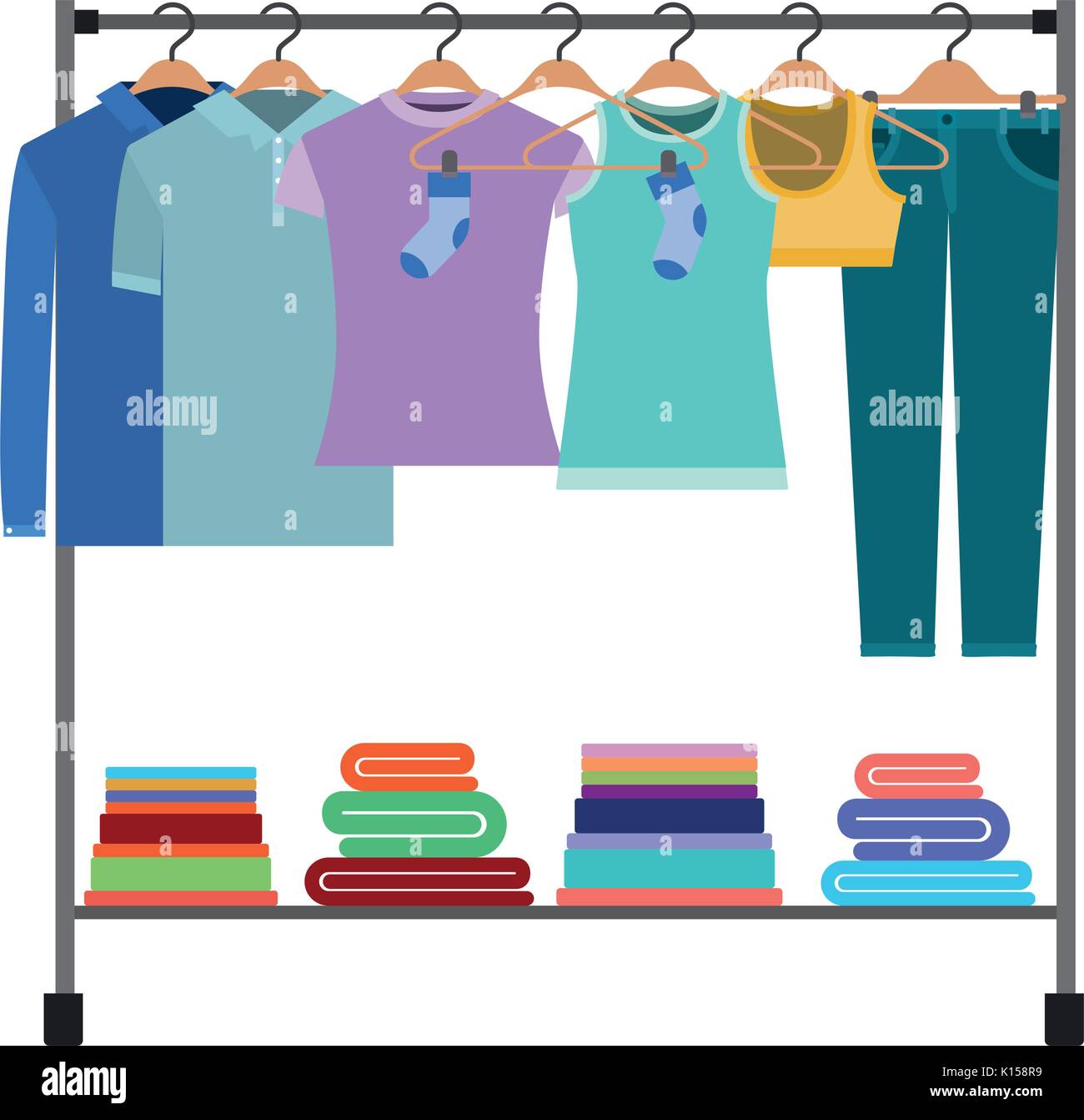Silueta de colorido perchero con camisetas y pantalones en perchas y dobla  la ropa en la parte inferior Imagen Vector de stock - Alamy