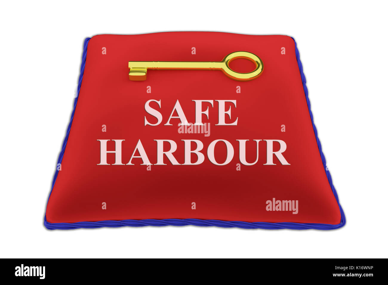 Ilustración 3D de "Safe Harbor" Título sobre la almohada de terciopelo rojo cerca de una llave de oro, aislado en blanco. Foto de stock
