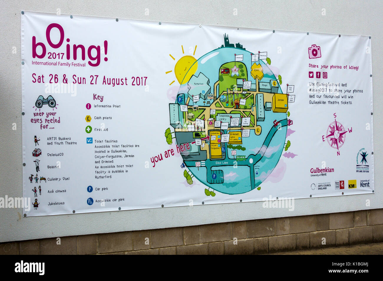 Boing 2017,Festival Internacional de la familia,Poster,Mapa,Universidad de Kent,UKC,Canterbury,Kent, Inglaterra Foto de stock