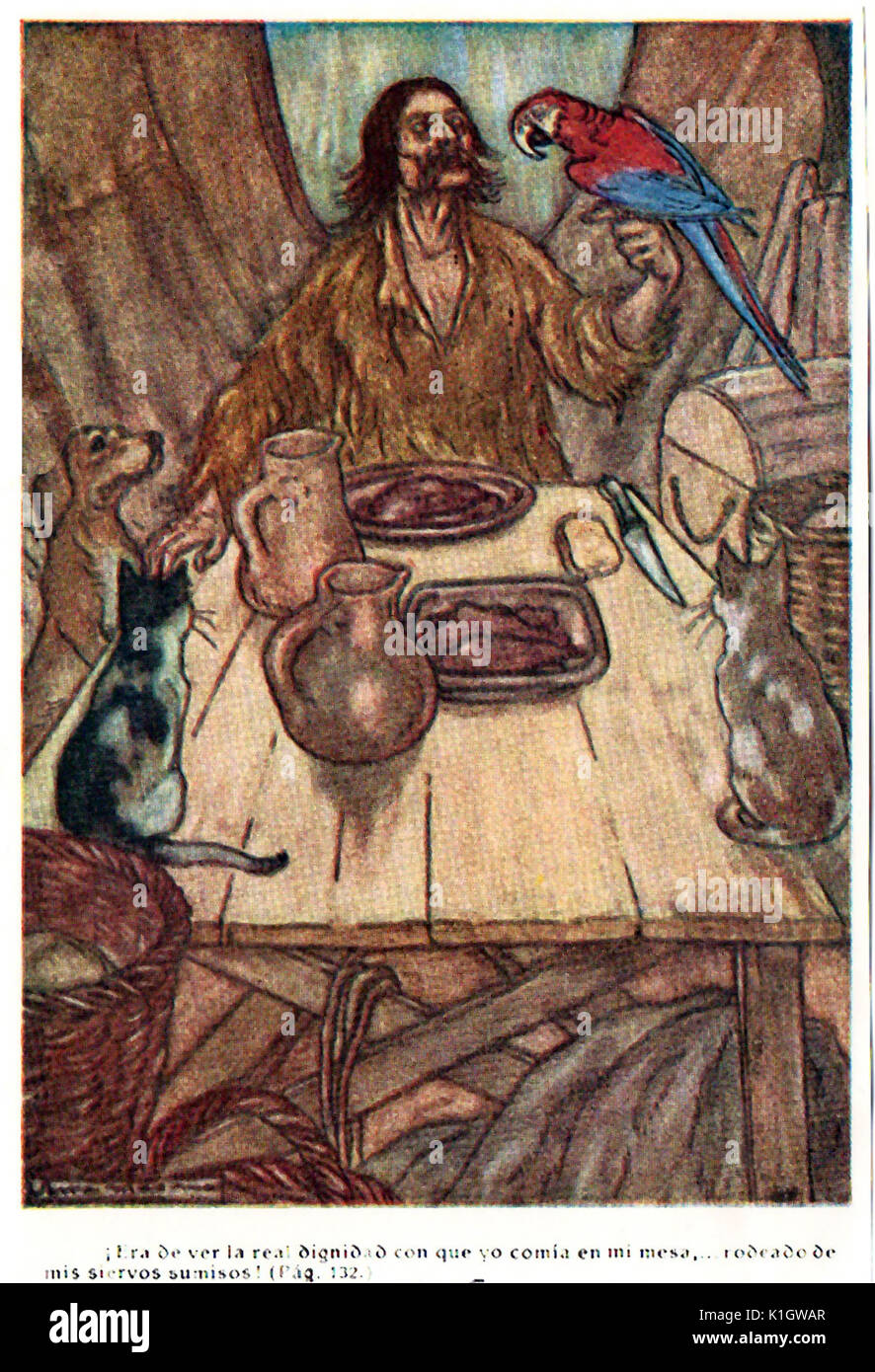Una página de la versión española de Robinson Crusoe (1925), "Aventuras de Robinson" (Daniel Defoe) adaptado por Gaziel. (Augusti Calvet Pascual) - La (ilustraciones en color por Serra Masana. Foto de stock