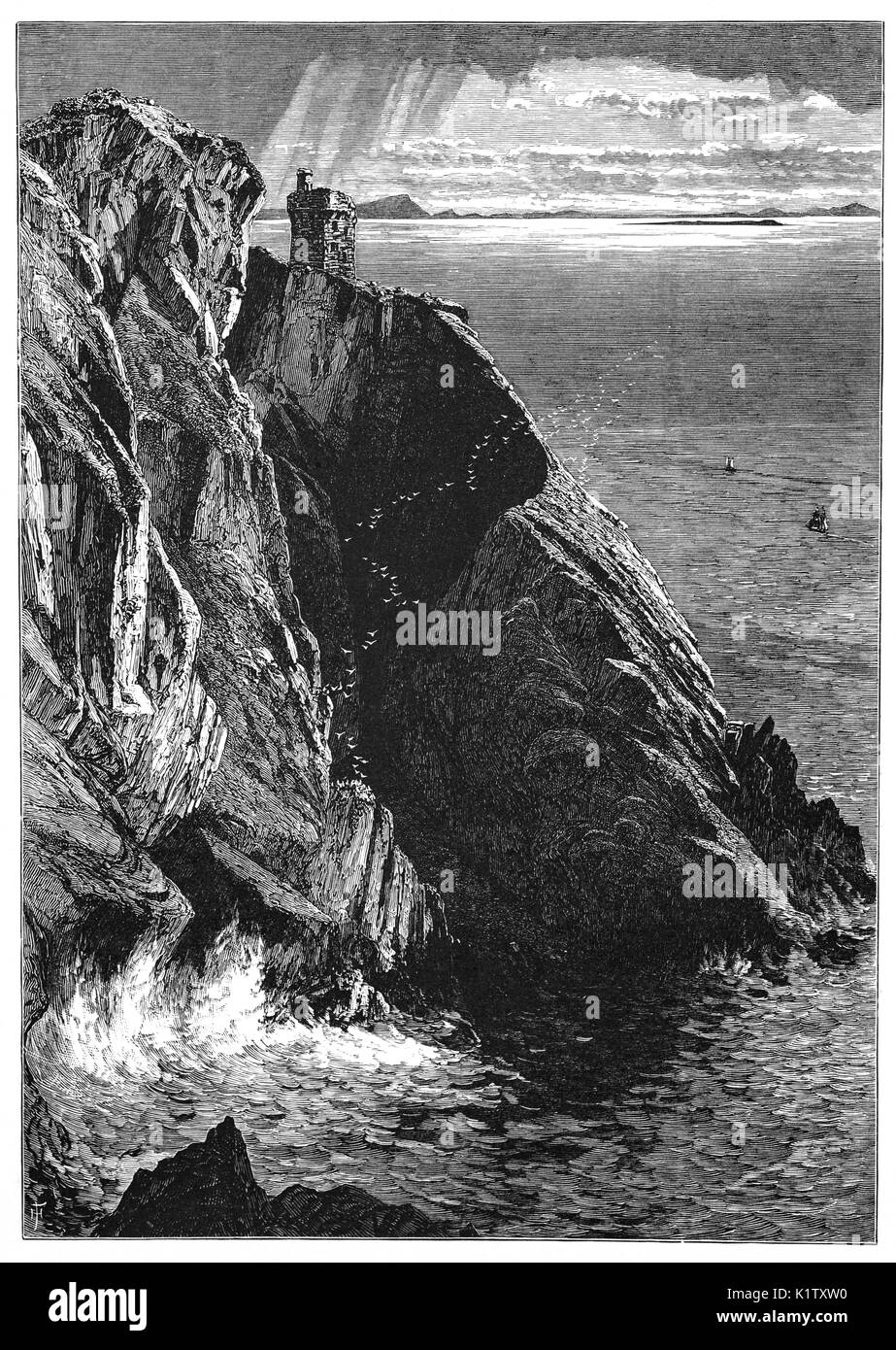 1870: la torre-mirador desde lo alto del acantilado en cabeza Carrigan, cerca Slieve League, Condado de Donegal, Irlanda Foto de stock