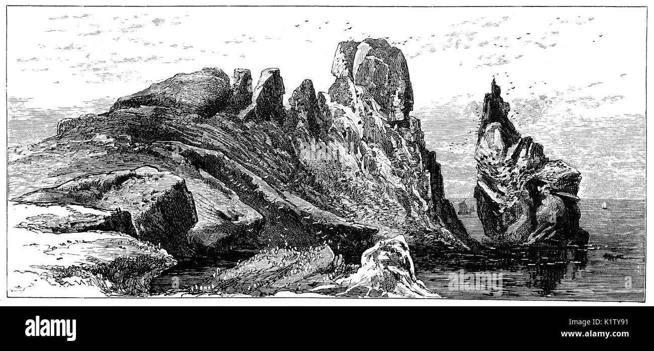 1870: El enorme rock independiente llamado 'La pila', en la esquina noreste de la isla, que alberga una gran variedad de aves marinas, en Ireland's Eye, una pequeña isla deshabitada en la costa del condado de Dublín, situado justo al norte del puerto de Howth, Irlanda, Foto de stock