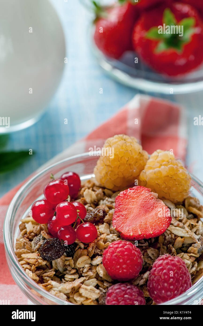 Desayuno saludable cereales muesli con frutas y bayas fresas, frambuesas y grosellas con productos lácteos. El enfoque selectivo. Foto de stock