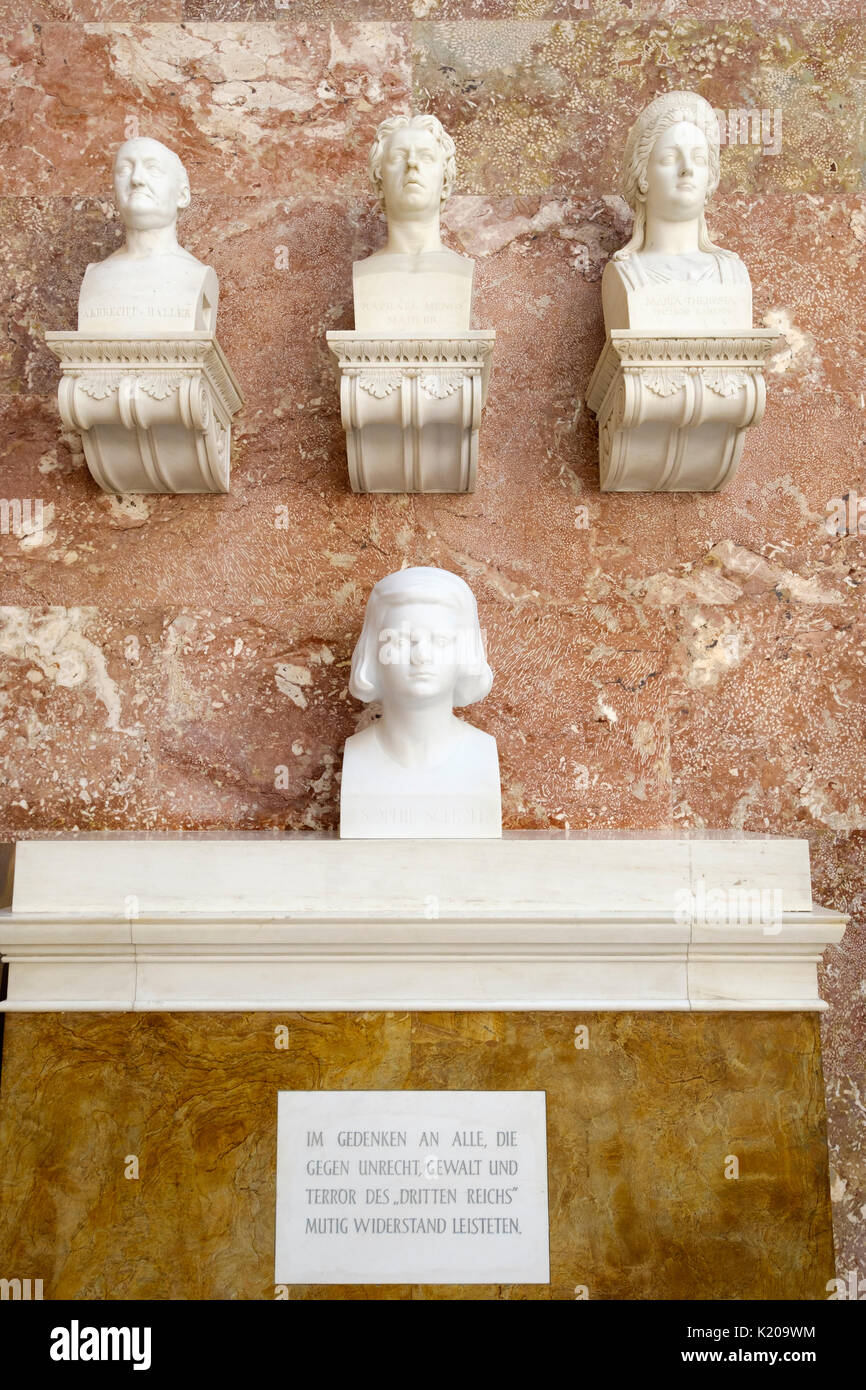 Bustos en mármol 125-128 con Sophie Scholl, Walhalla, Donaustauf, el Alto Palatinado, Baviera, Alemania Foto de stock
