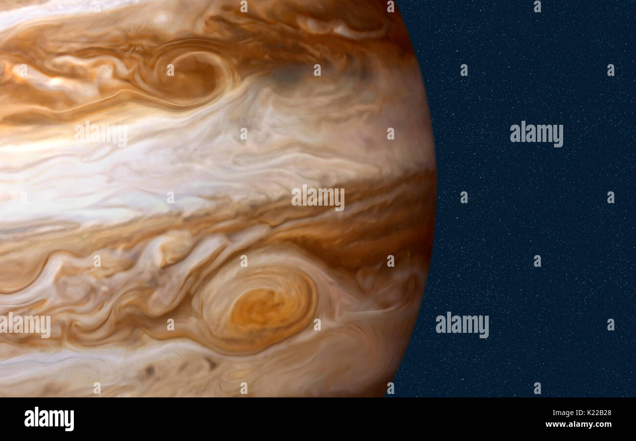 El planeta más grande del sistema solar es 1.400 veces el tamaño de la tierra, y su masa es 2,5 veces mayor que la de todos los otros planetas juntos. Júpiter podría casi se han convertido en una estrella, ya que sus elementos son similares a la del Sol: 90% de hidrógeno y un 10% de helio, con trazas de metano, agua, amoniaco, polvo y rocas. Foto de stock