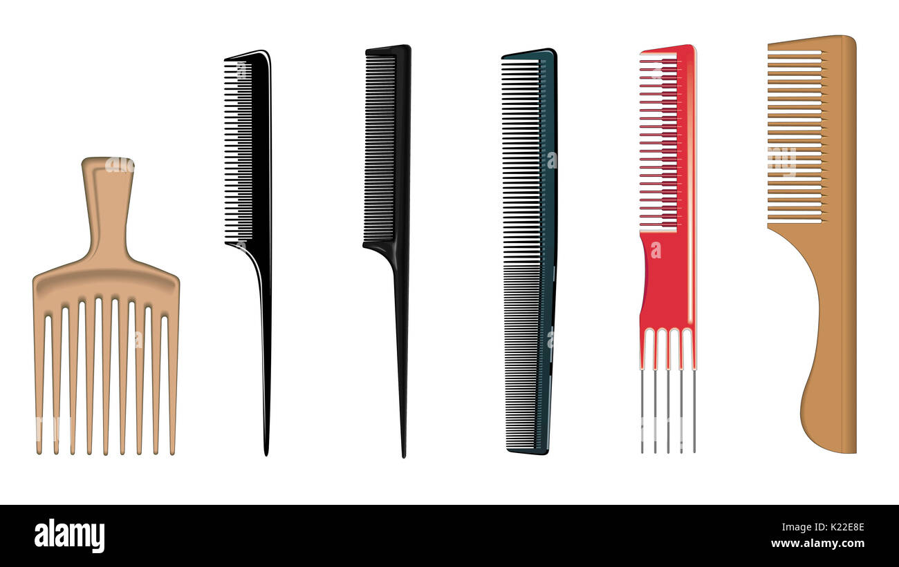 Dispositivos con dientes de ancho variable y cercanía que se usan para desenredar y moldear el cabello. Foto de stock