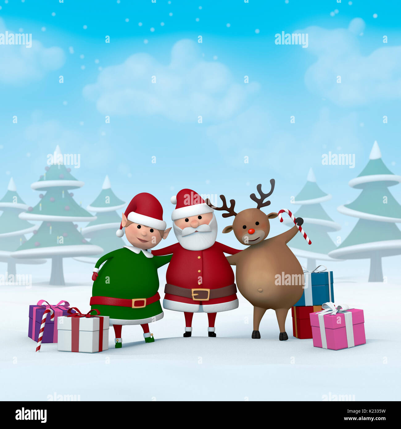 Santa Claus, un elfo de Navidad y un reno con regalos de Navidad en un paisaje nevado de invierno. Foto de stock