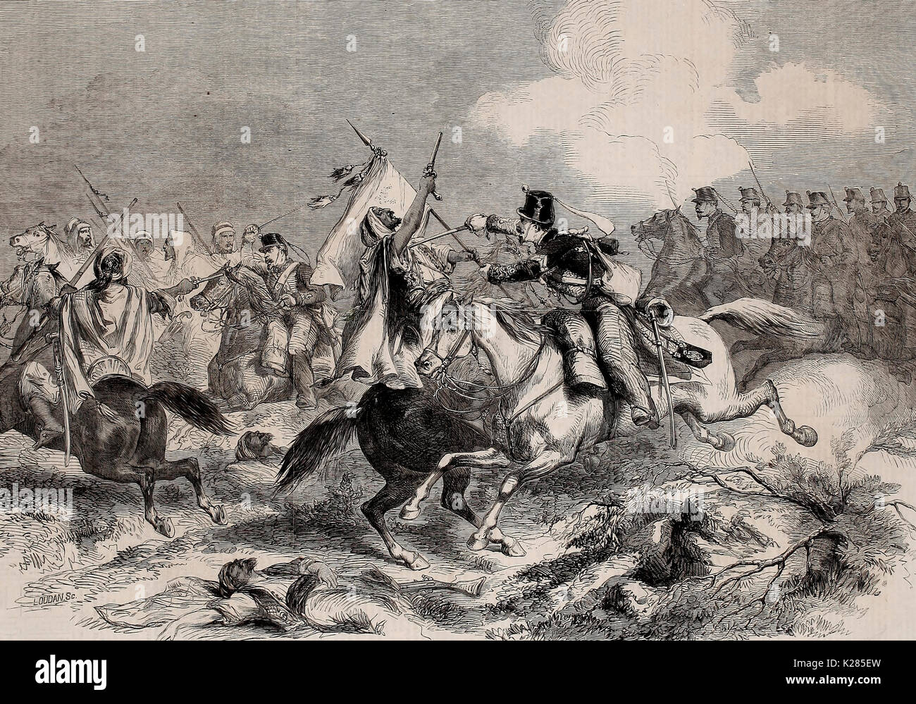 La guerra en Marruecos - Conflicto entre moros y caballería española el 1 de enero, 1860 Foto de stock