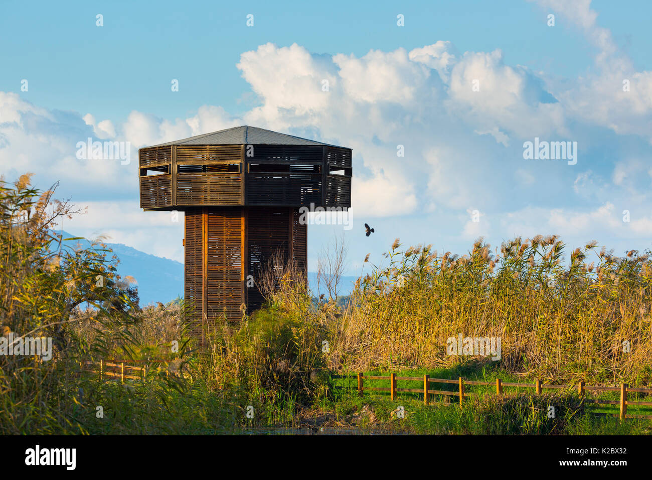 Torre de observación, el valle de Hula, Israel, Noviembre. Foto de stock