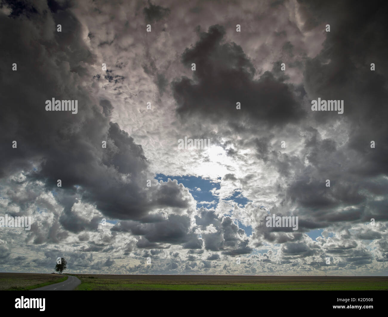 Gran cielo con nubes oscuras sobre campos, Montreuil, Pas De Calais, Francia, septiembre de 2013. Foto de stock