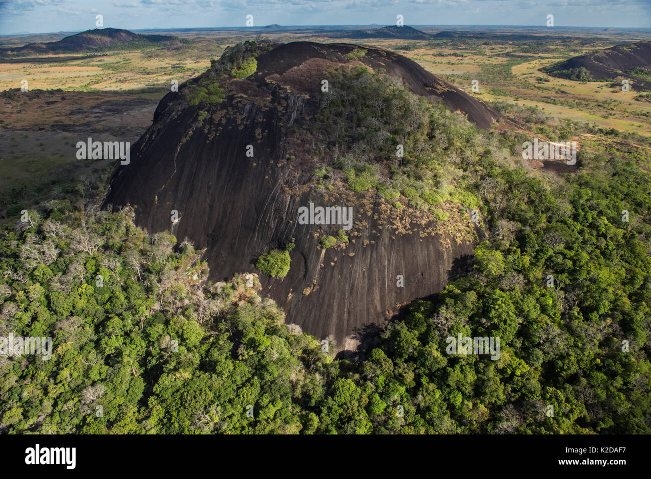 Afloramientos de granito en el sur de la sabana de Rupununi, Guyana, Sudamérica Foto de stock