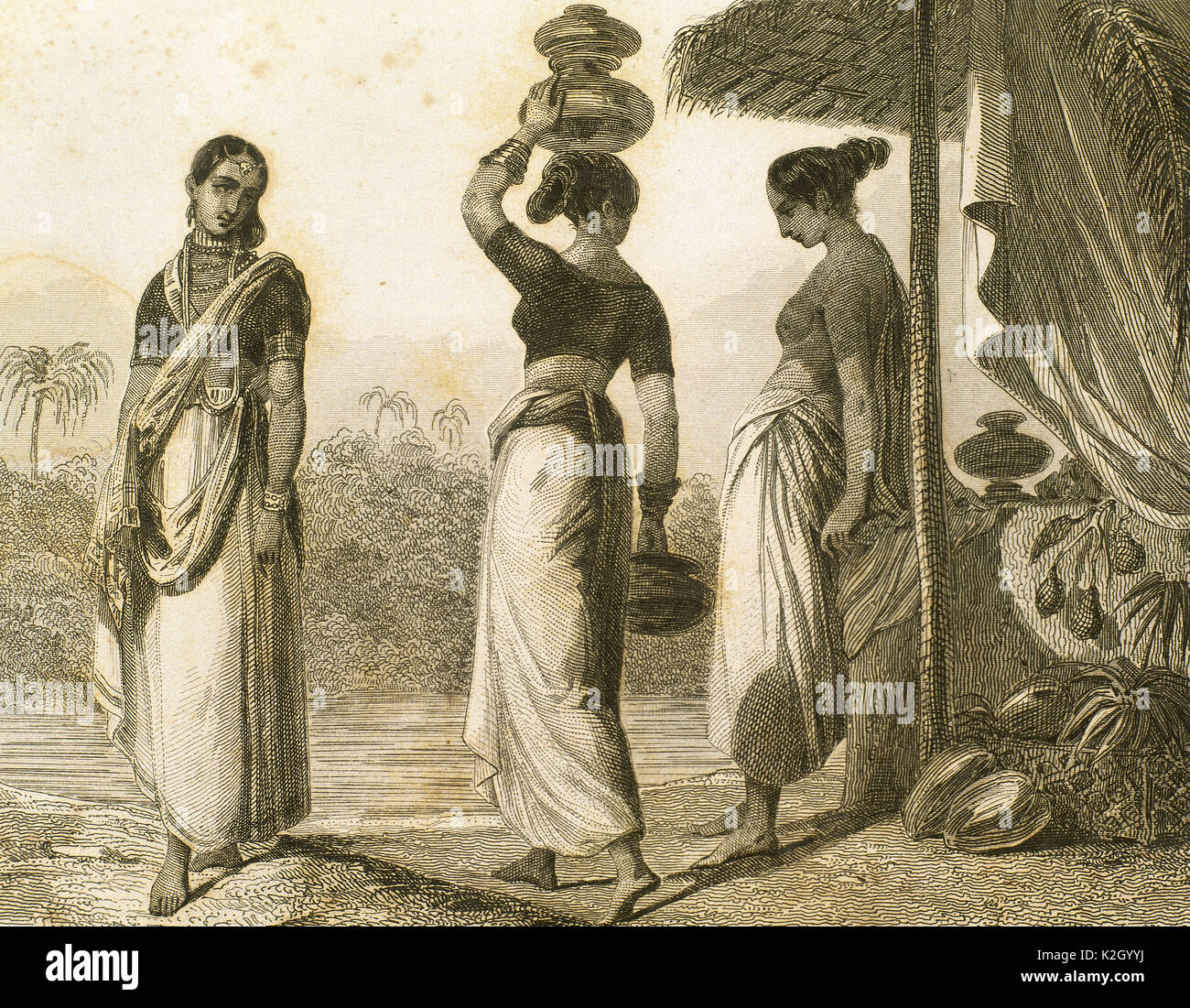 La India. Las mujeres pertenecientes a diferentes clases sociales. Lemaitre direxit. Grabado. Anónimo. 'Panorama Universal, India, 1845". Foto de stock