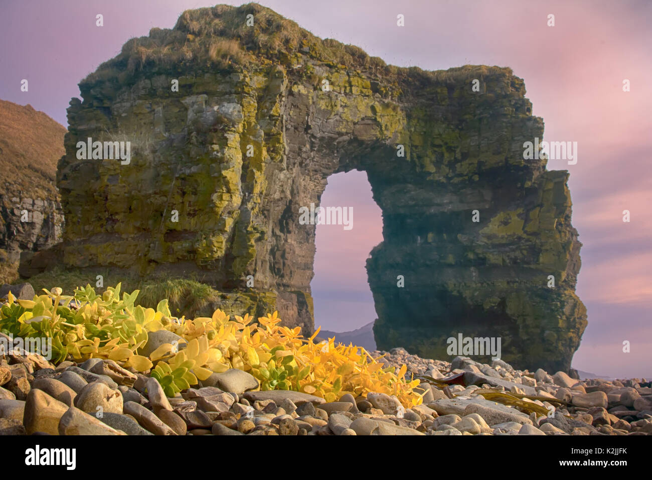 Arco de Steller (en honor del zoólogo Georg Steller). Arco de piedra maciza en la costa del océano Pacífico. La isla de Bering. Islas Commander formaciones rocosas, Foto de stock