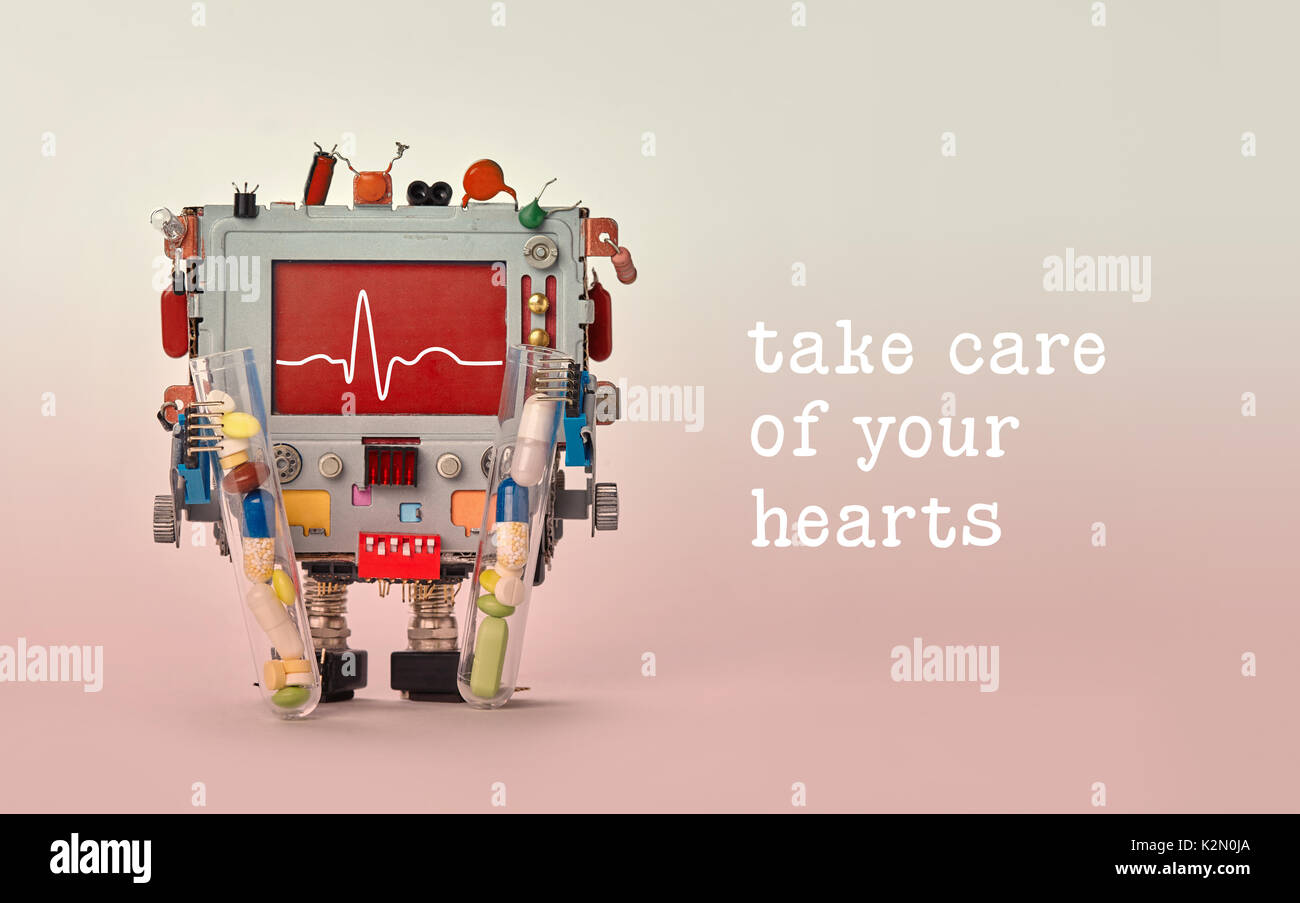 Cuide su corazón cotización. Medic electrocardiograma realizado en línea  heartbeat monitor display rojo electrocardiógrafo. Robot con clínica de  carácter gráfico prueba de pulso, conjunto de coloridas píldoras drogas en  brazos Fotografía de