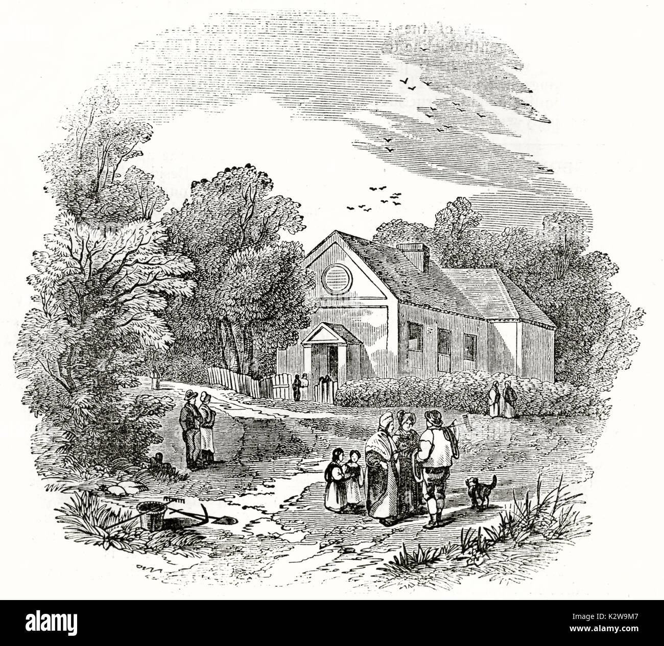 Vista del viejo Gilpin's School en Boldre, Hampshire, Inglaterra. Por autor desconocido, publicado en la revista del penique, Londres, 1835). Foto de stock