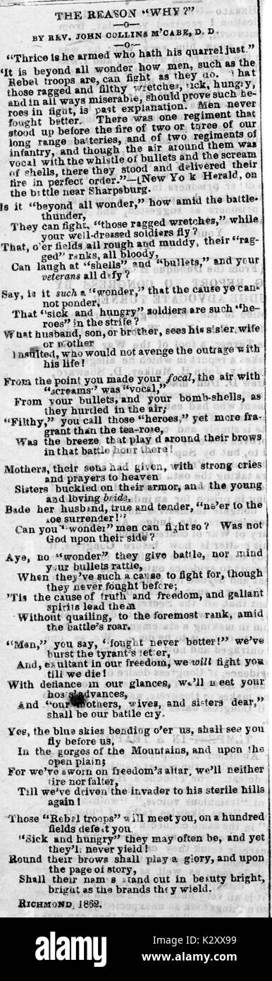 Atacando desde la Guerra Civil Americana, titulado "La razón "¿Por qué?'' un poema sobre la determinación y la resistencia de las tropas rebeldes de la Confederación, Richmond, Virginia, en 1862. Foto de stock