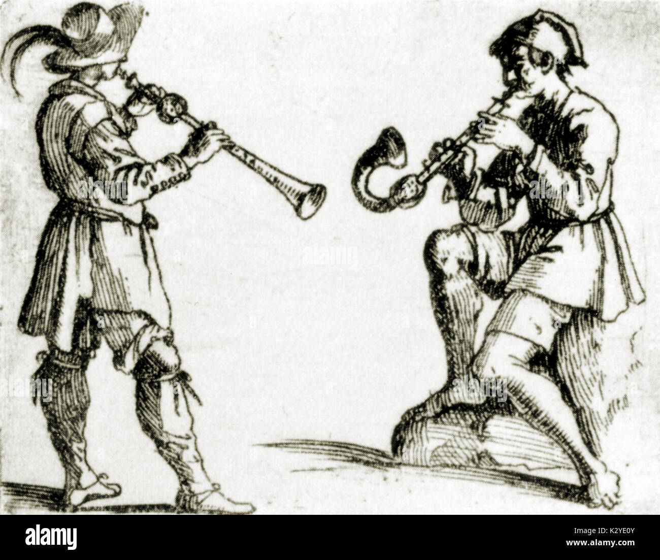 Dibujo de músicos tocando renacentista (L) y Chirimía; dulcimer (R) tubo de  3 agujeros y el tambor. A principios del siglo XVII, de estilo barroco.  Dibujo por BRACELLI, 1615, Roma Fotografía de