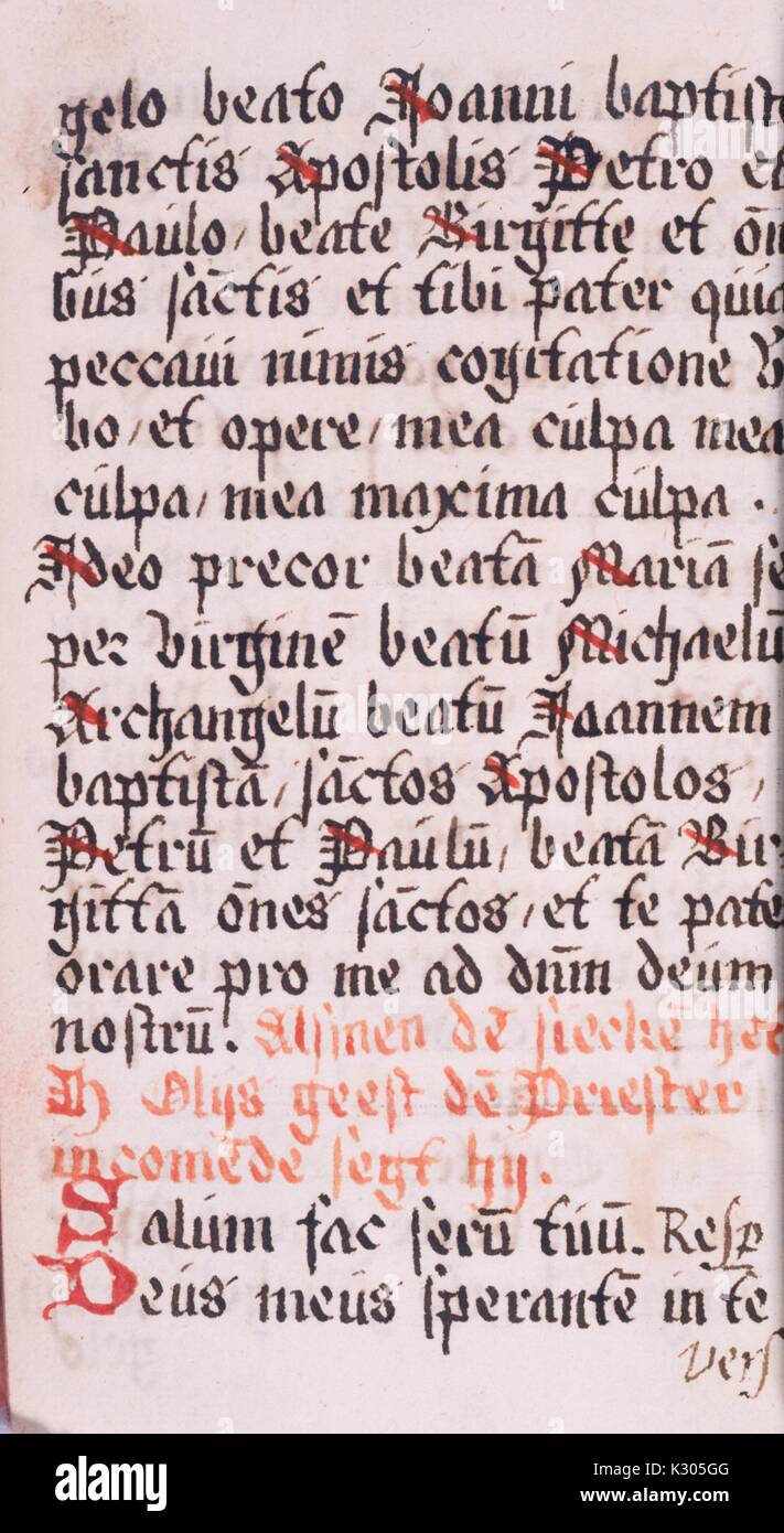 Página del manuscrito iluminado de oración en holandés, desde 'Commendatione defunctorum, ' un libro de oración holandés del siglo xv, 2013. Foto de stock