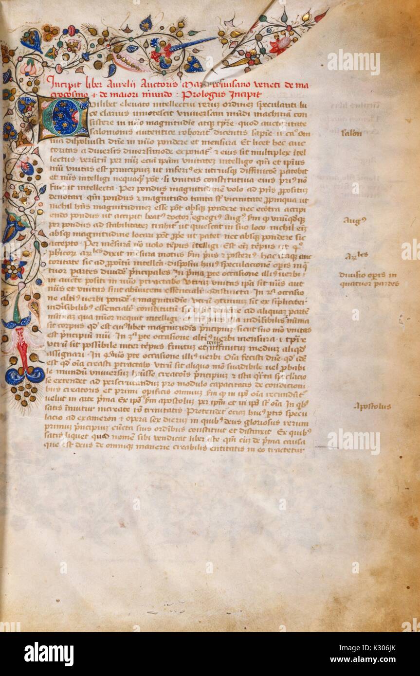 Página manusript iluminada desde 'Liber de macrocosmo" escrito en vitela en Italia a finales del siglo XIV con ornamentos marginales, 1350. Foto de stock