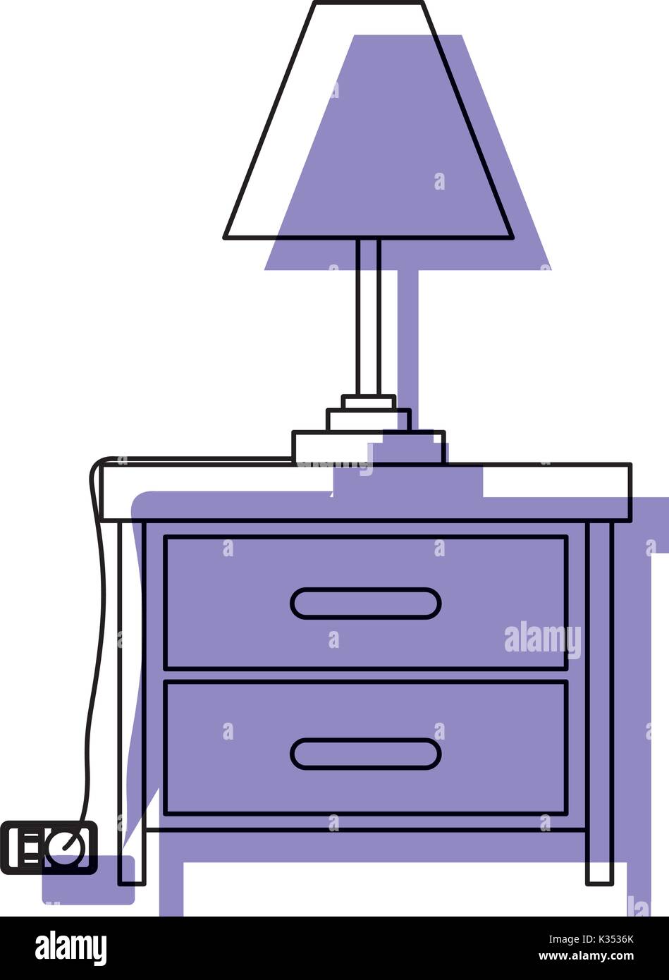 Mesita de noche con lámpara violeta acuarela silueta sobre fondo blanco. Ilustración del Vector