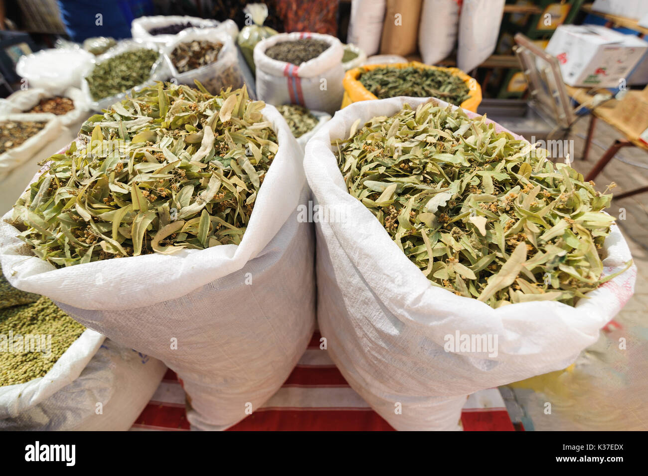 Tratamientos herbales curar plantas, linden en venta en el bazar al aire libre, mercado. Foto de stock