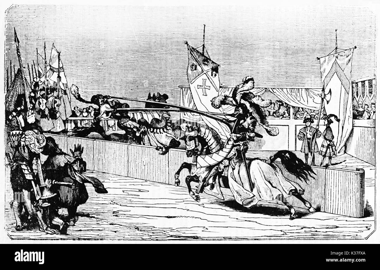 Torneo Medieval con antiguos caballeros a caballo de batalla con la lanza. Ilustración antigua creado por Jackson y Watter publicado el Magasin pintoresco París 1834 Foto de stock