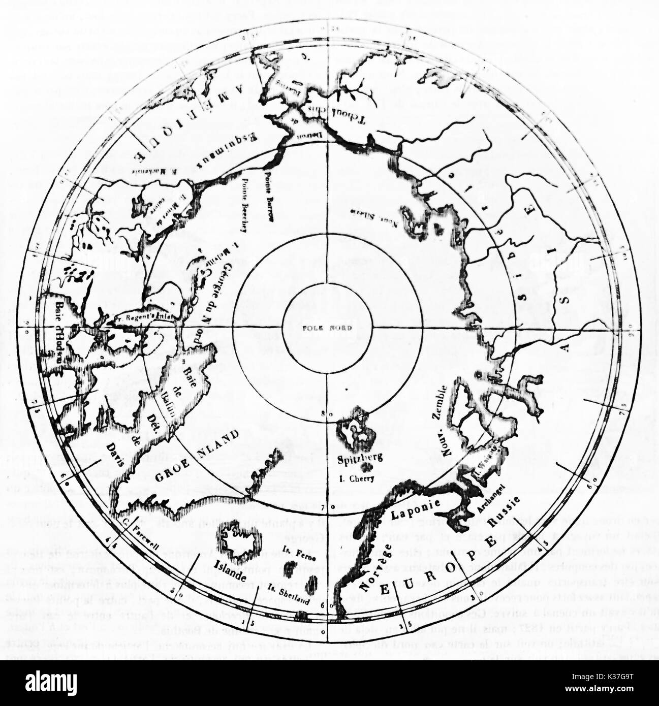 Mapa antiguo aislado del Polo Norte. Ilustración antigua de autor desconocido, publicado en el Magasin pintoresco, París, 1834 Foto de stock