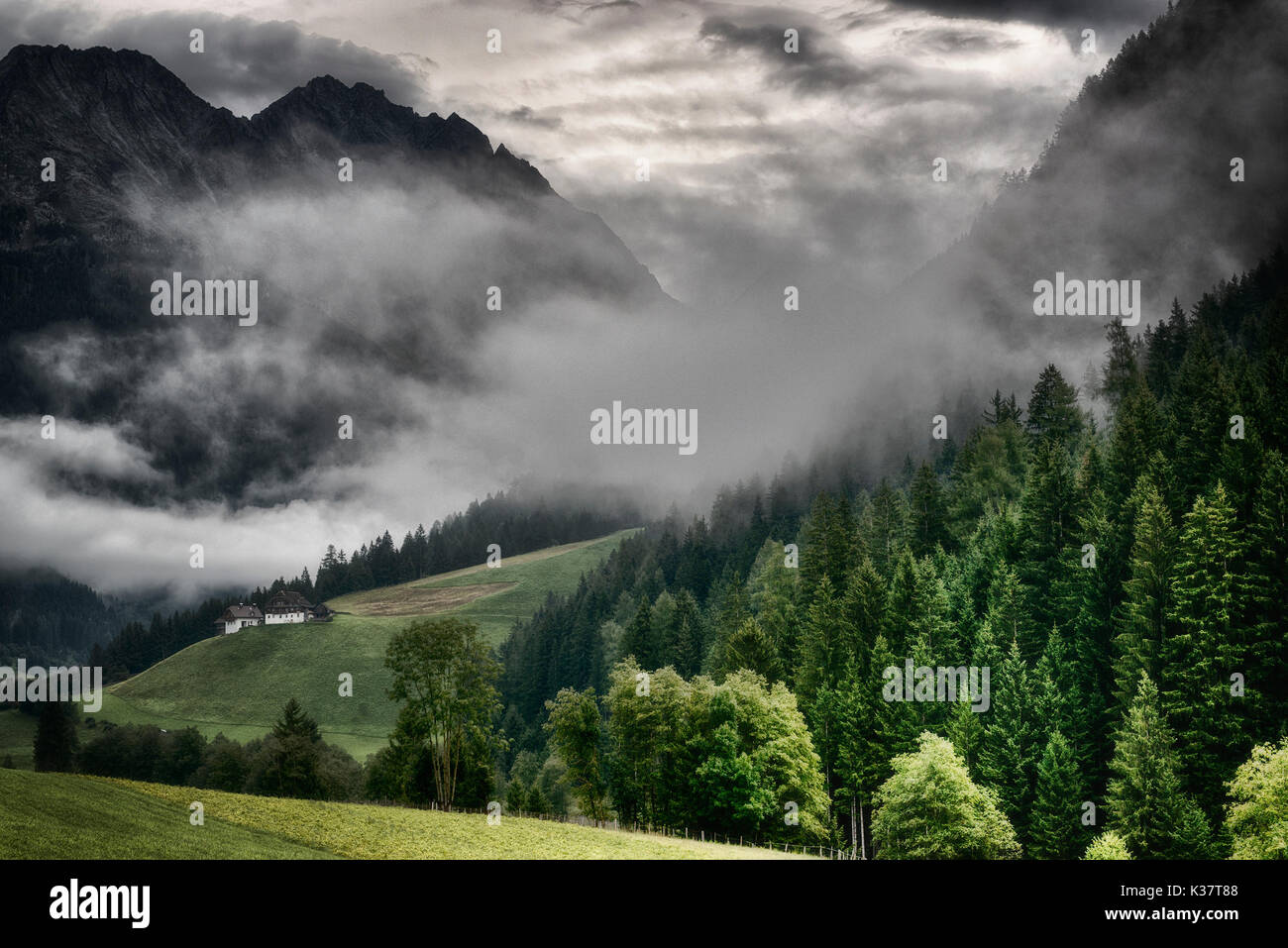 Nieblas en las montañas y el valle verde después de una tormenta de verano, Antholzertal - Trentino-Alto Adige Foto de stock