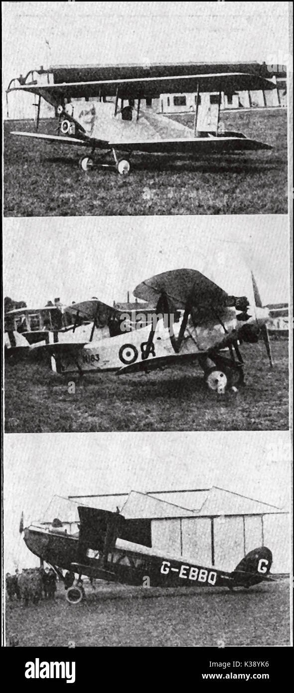 Una selección de 'Moderno' aviones británicos en 1924 - Vickers Viget - Fairey Fly Catcher (un buque del avión con flotadores opcionales) y un comercial de Napier Lion Foto de stock