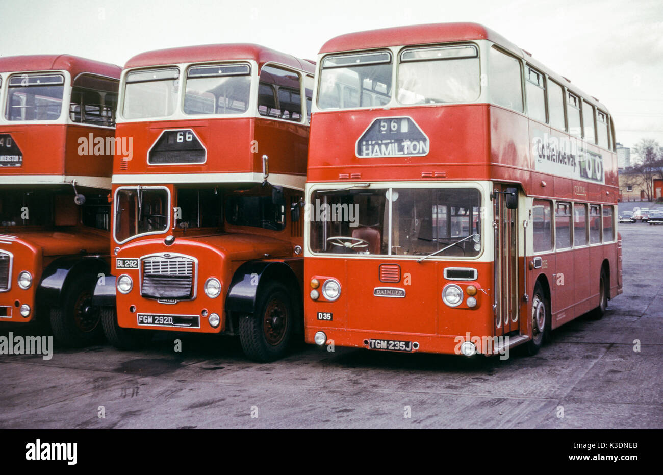Escocia, Reino Unido - 1973: Vintage imagen de autobuses operan en 1973. SMT Central flota Fleetlines Daimler no. D35 (registro TGM 235J) y Bristol Lodekka FLF flota no. BL 292 (registro MGF 292D). Foto de stock