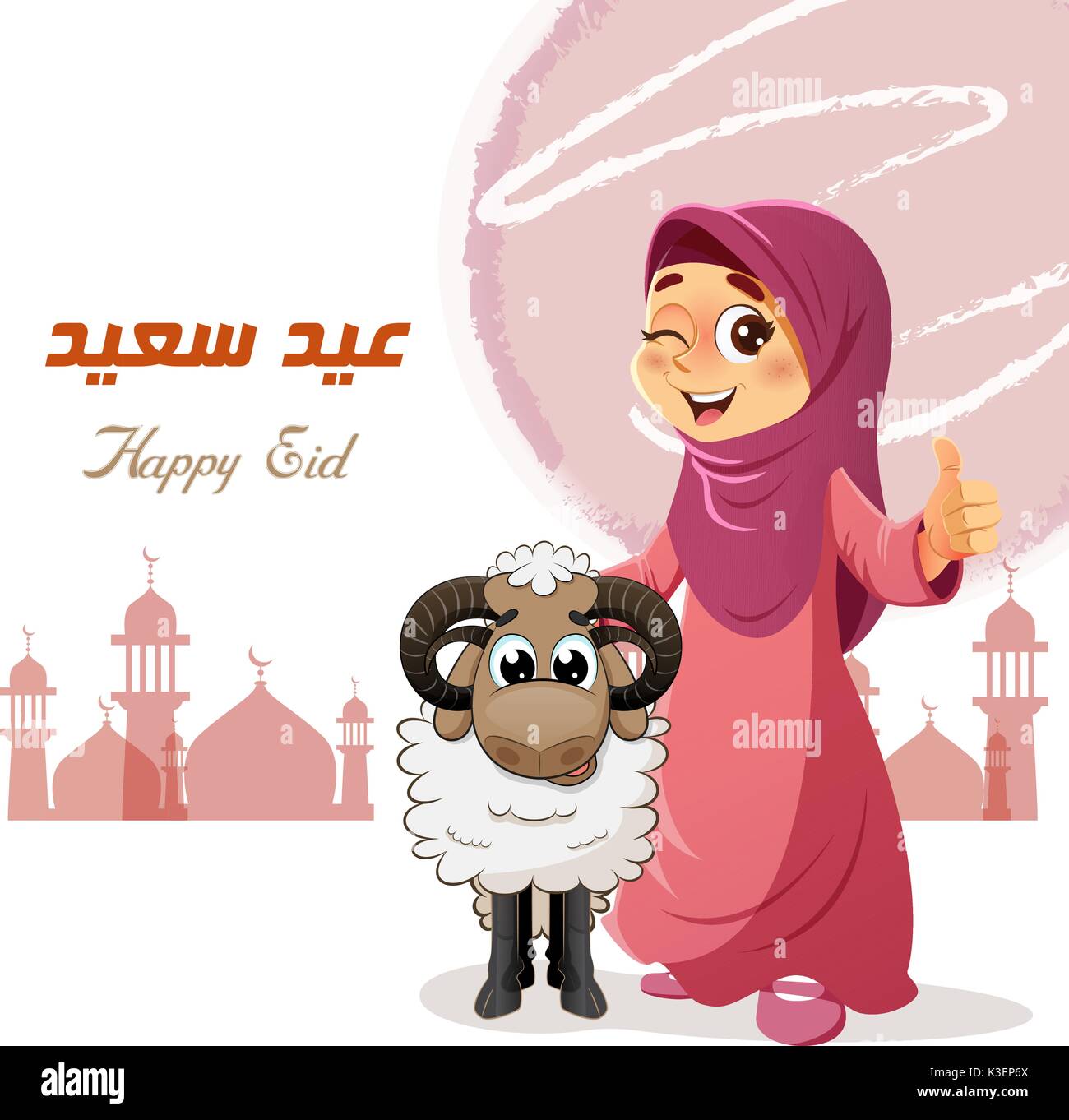 Pulgar arriba chica musulmana con ovejas, Feliz Fiesta escrito en árabe, tradicional concepto Eid Ilustración del Vector