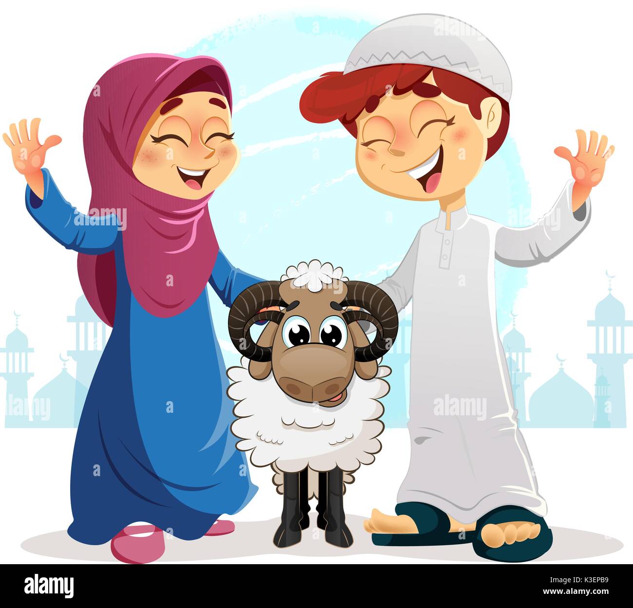 Feliz chico y chica musulmana con ovejas, Feliz Fiesta escrito en árabe, tradicional concepto Eid Ilustración del Vector