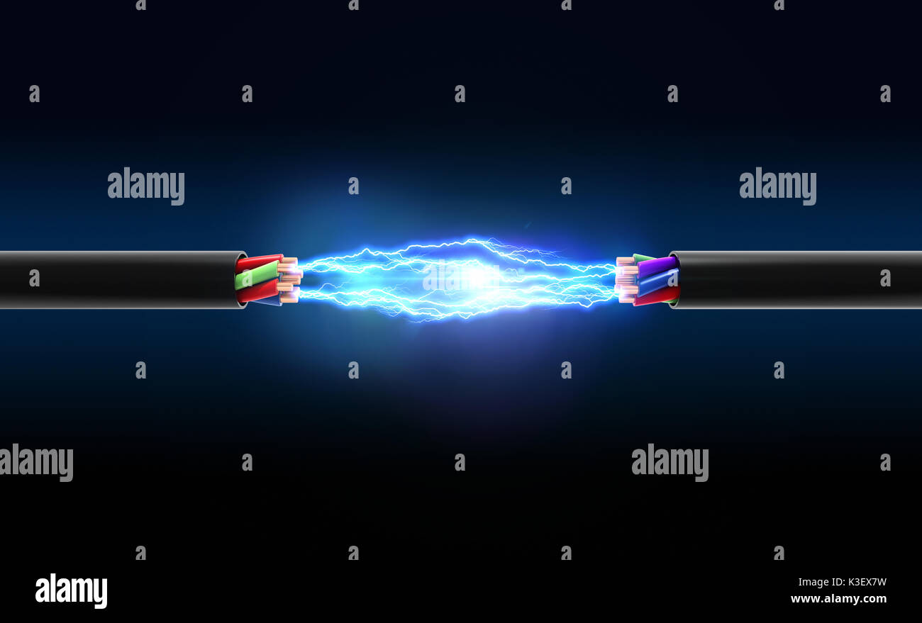 Una chispa eléctrica entre dos cables. Ilustración 3D Foto de stock