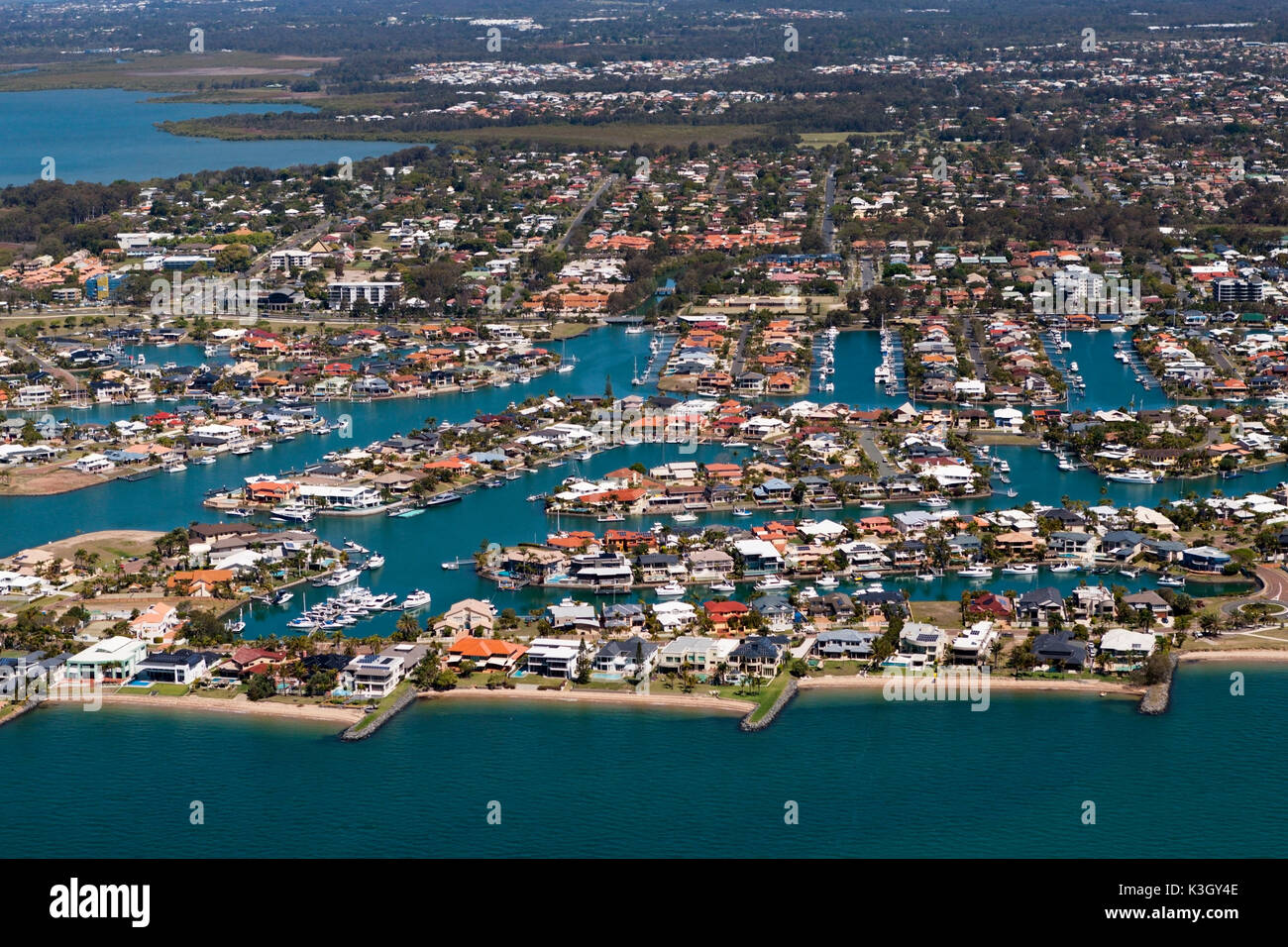 Vista aérea de la Bahía Raby, Cleveland, Brisbane, Australia Foto de stock