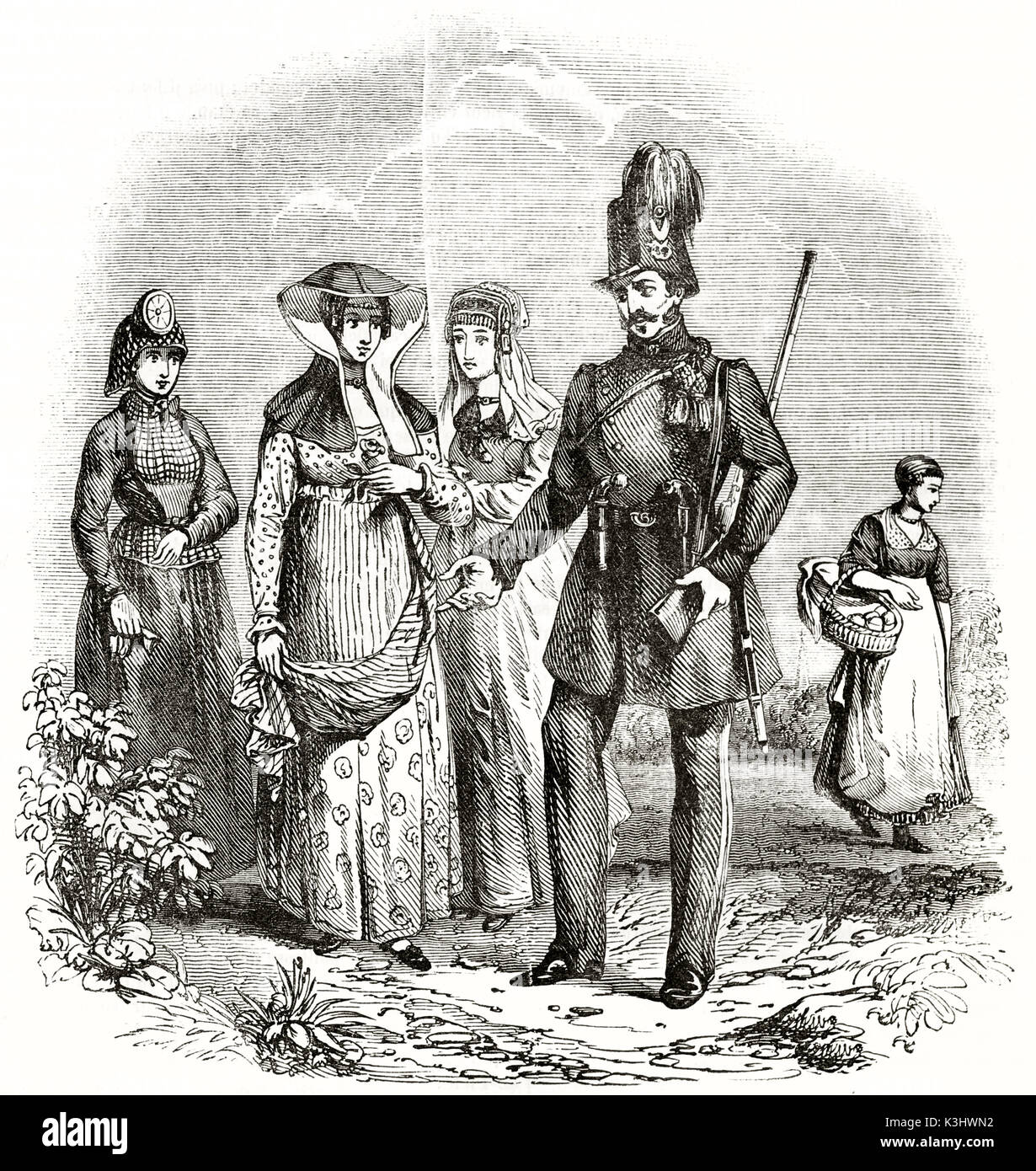 Ilustración antigua del pueblo holandés en trajes tradicionales. creado por Quarterly, publicado en el Magasin pintoresco, París, 1838 Foto de stock