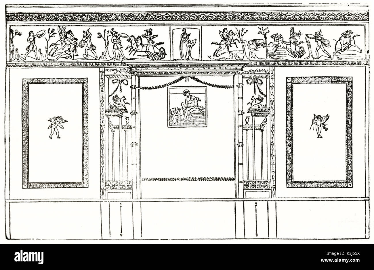 Vista de la antigua decoración mural en la casa del poeta trágico, Pompeya, Italia. Por autor desconocido, publicado en el Magasin pintoresco, París, 1838 Foto de stock