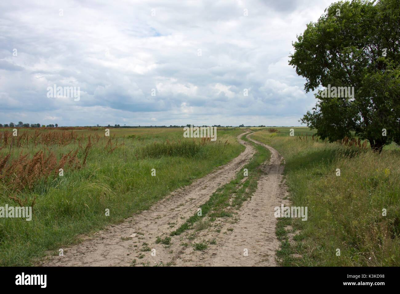 Vista sobre la llanura interminable de la puszta húngara en el Parque Nacional Hortobagy Foto de stock