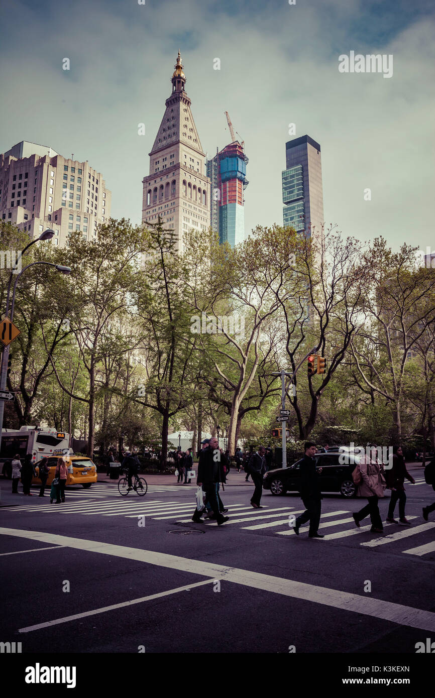 Típico paisaje urbano de Nueva York, personas en un paso de peatones en la 5th Ave, Manhattan, Nueva York, EE.UU. Foto de stock