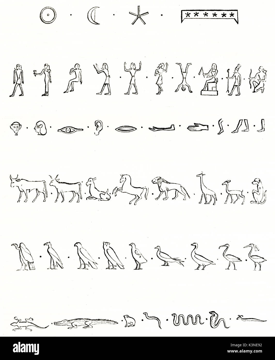 Reproducción de grabados antiguos jeroglíficos egipcios. Cada elemento está aislado sobre fondo blanco. Autor publicado no identificados en el Magasin pintoresco París 1839 Foto de stock