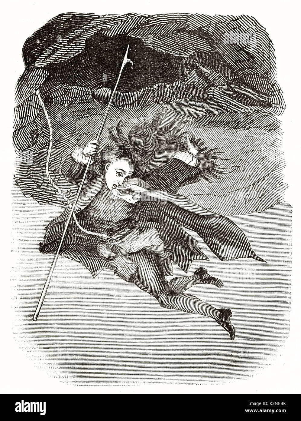 Ilustración antigua representando Niels Klim (protagonista de la novela escrita por Ludvig Holberg) Saltar al mundo subterráneo. Después Abilgaard publicado el Magasin pintoresco París 1839 Foto de stock