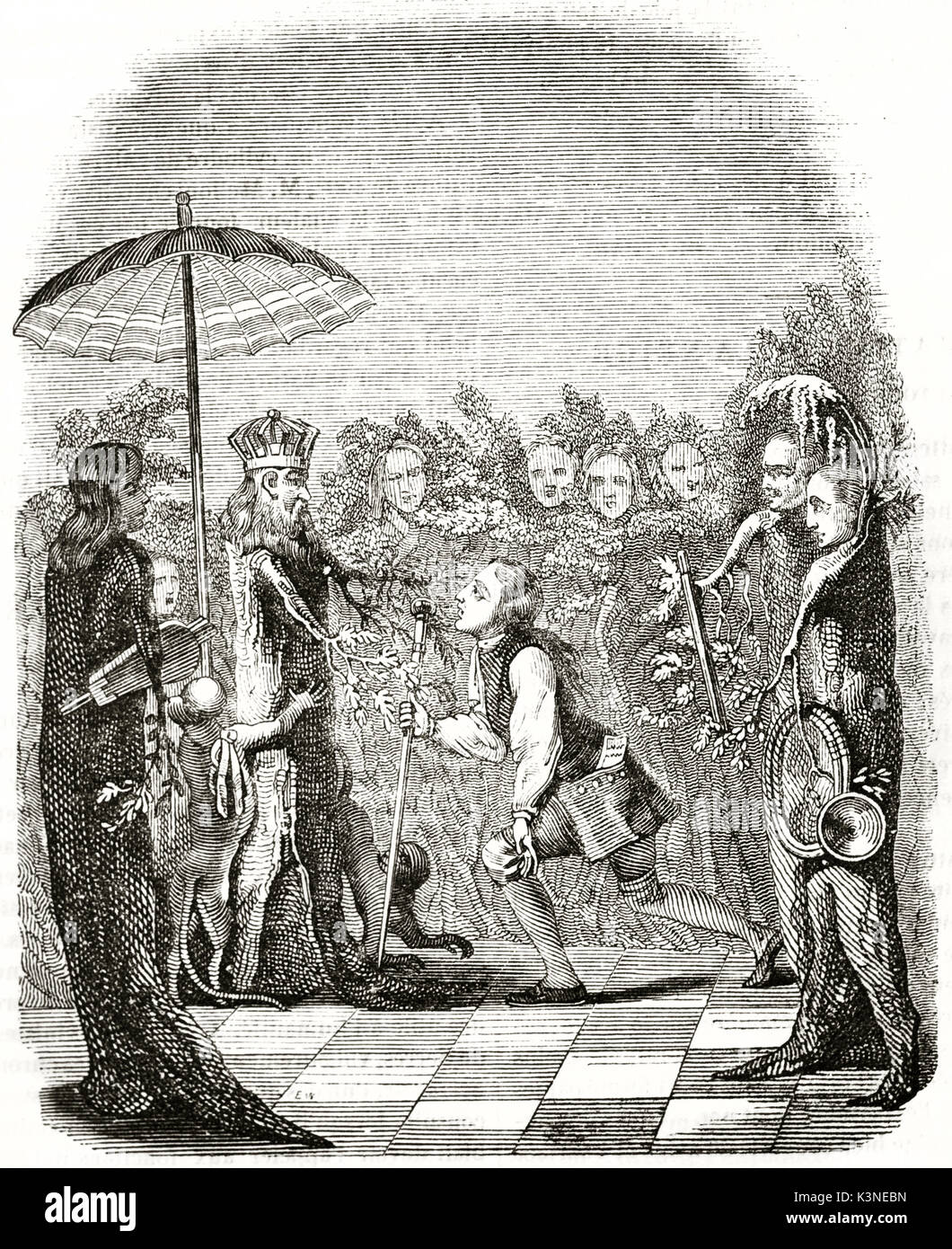 Ilustración antigua representando Niels Klim delante del rey de Potu (desde el Holberg, novela). Después Abilgaard publicado el Magasin pintoresco París 1839 Foto de stock