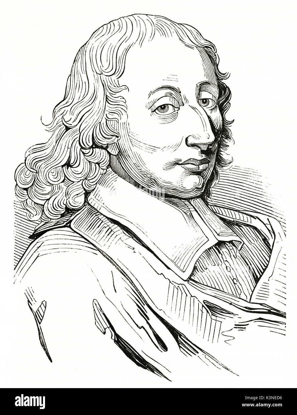 Busto antiguo esbozado mínimo retrato de Blaise Pascal (1623-1662) matemático francés físico y filósofo cristiano. Autor publicado no identificados en el Magasin pintoresco París 1839 Foto de stock