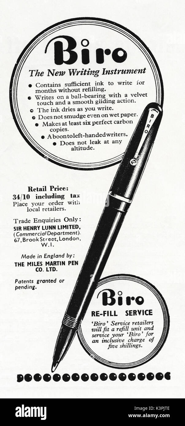 1940 antigua publicidad anuncio original vintage Biro bolígrafo en revista  circa 1947 cuando los suministros estaban todavía restringida bajo  racionamiento de la posguerra Fotografía de stock - Alamy