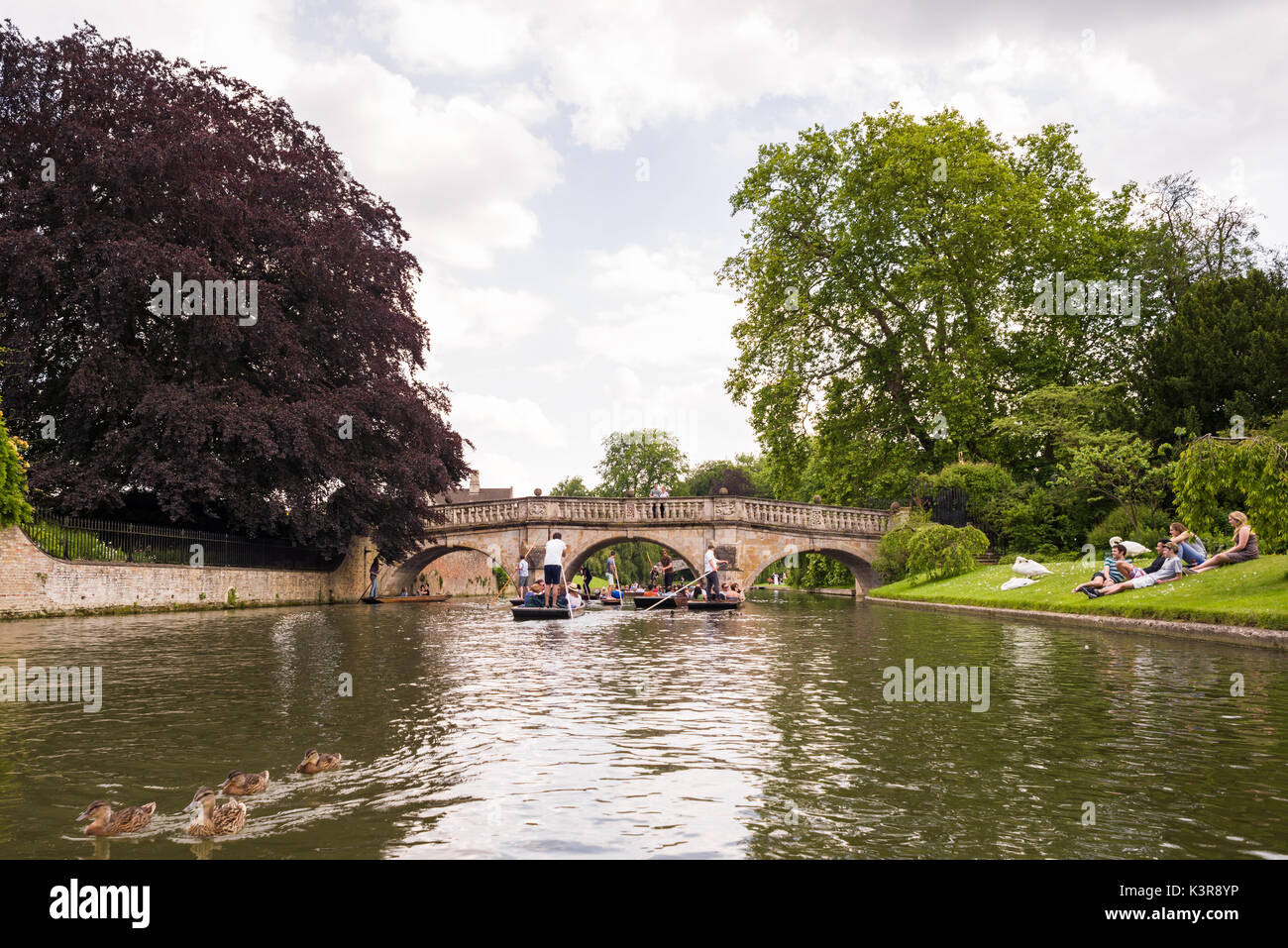 La gente navegar en el río Cam por Clare College durante el verano, la Universidad de Cambridge, Reino Unido Foto de stock
