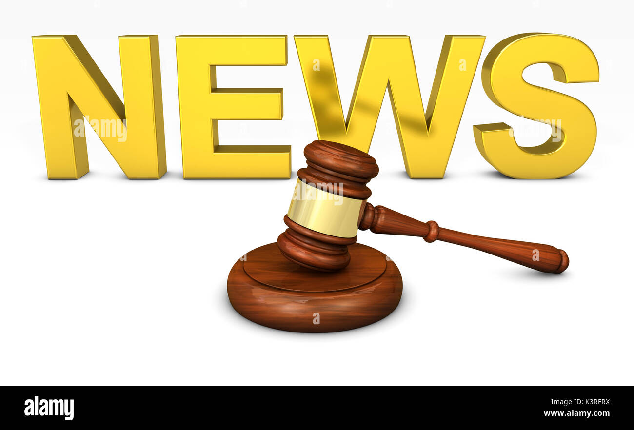El derecho, la justicia y noticias legales concepto con un juez de madera martillo y noticias sobre fondo dorado palabra ilustración 3D. Foto de stock
